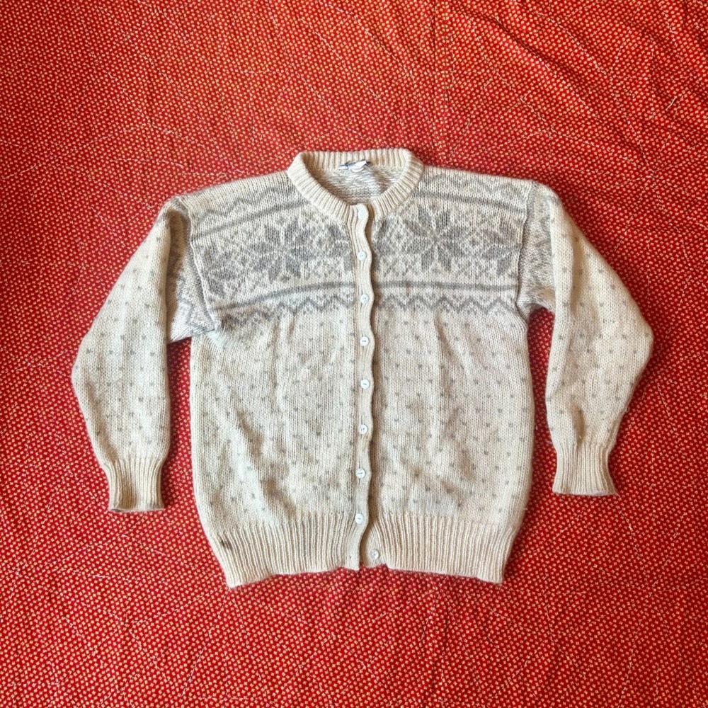 Vintage Merino Mohair Wool Fair Isle Cardigan Sweater Cream Grey Snowflake